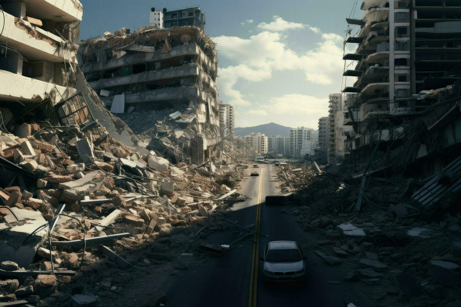 AI generated Destroyed city after earthquake. Dramatic scene of the fuming city and burning, Human suffering for earthquake Ai generated photo