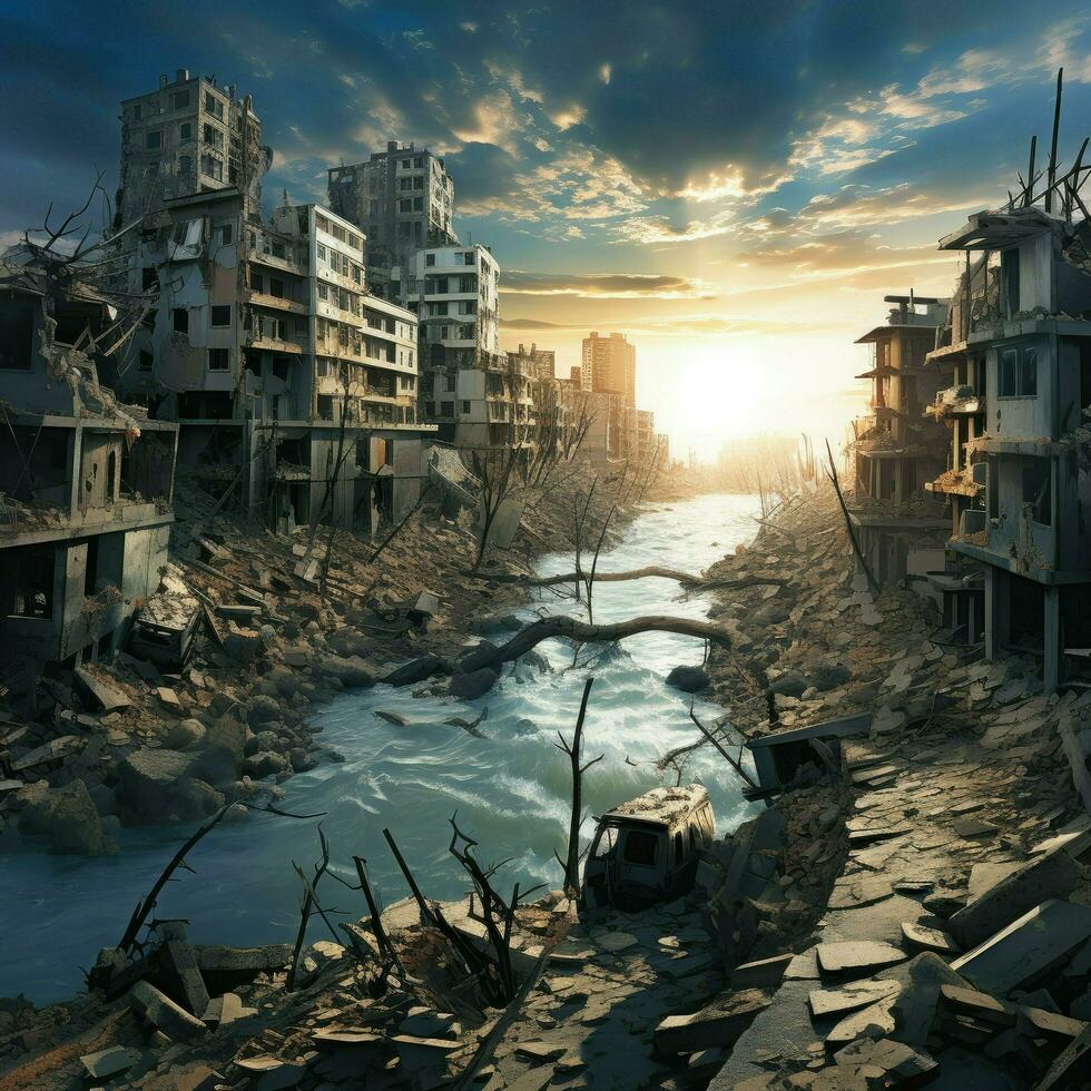 AI generated Destroyed city after earthquake. Dramatic scene of the fuming city and burning, Human suffering for earthquake Ai generated photo