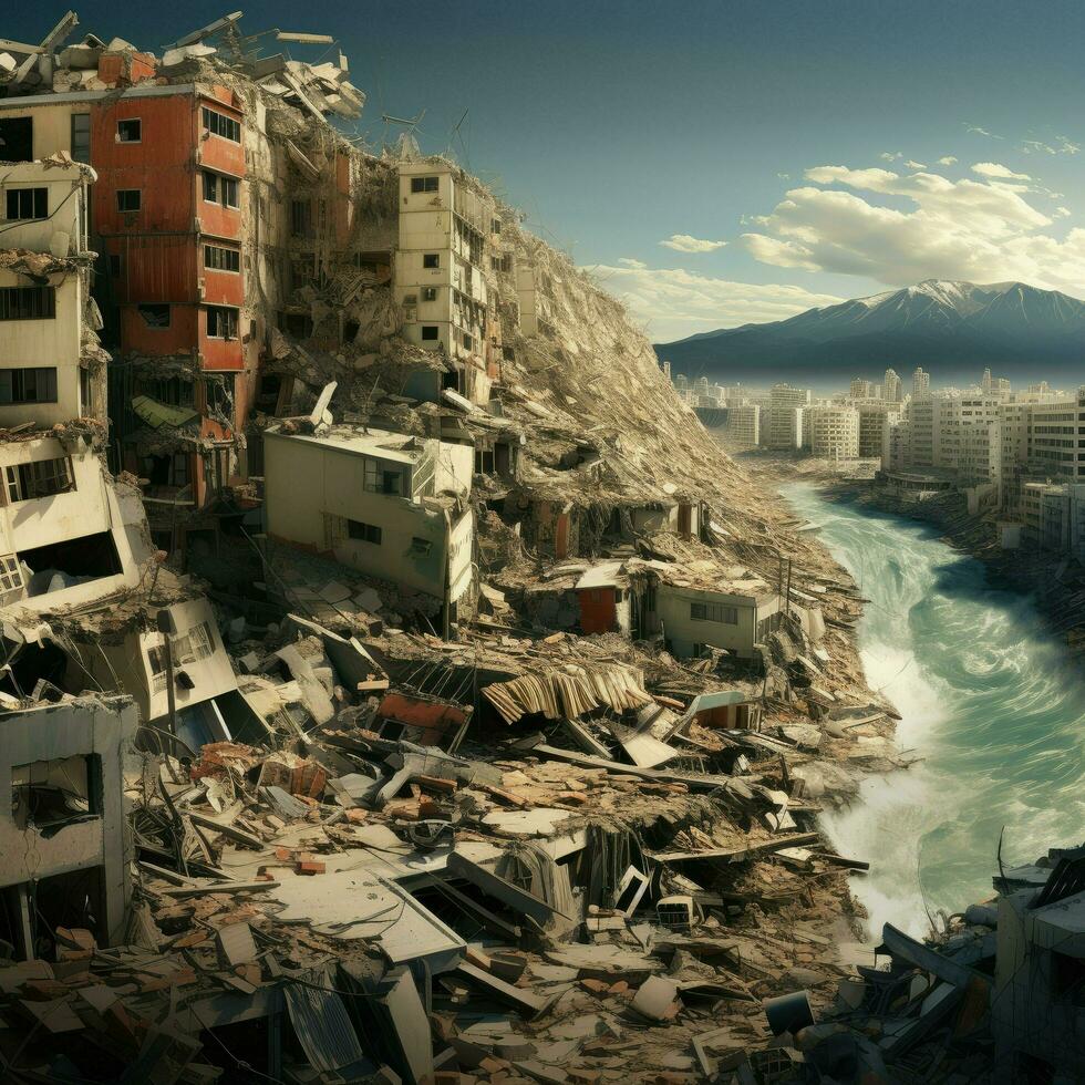 AI generated Destroyed city after earthquake. Dramatic scene of the fuming city and burning, Human suffering for earthquake Ai generated photo