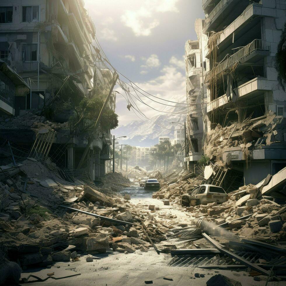 AI generated Destroyed city after earthquake. Dramatic scene of the fuming city and burning, Human suffering for earthquake Ai generated photo