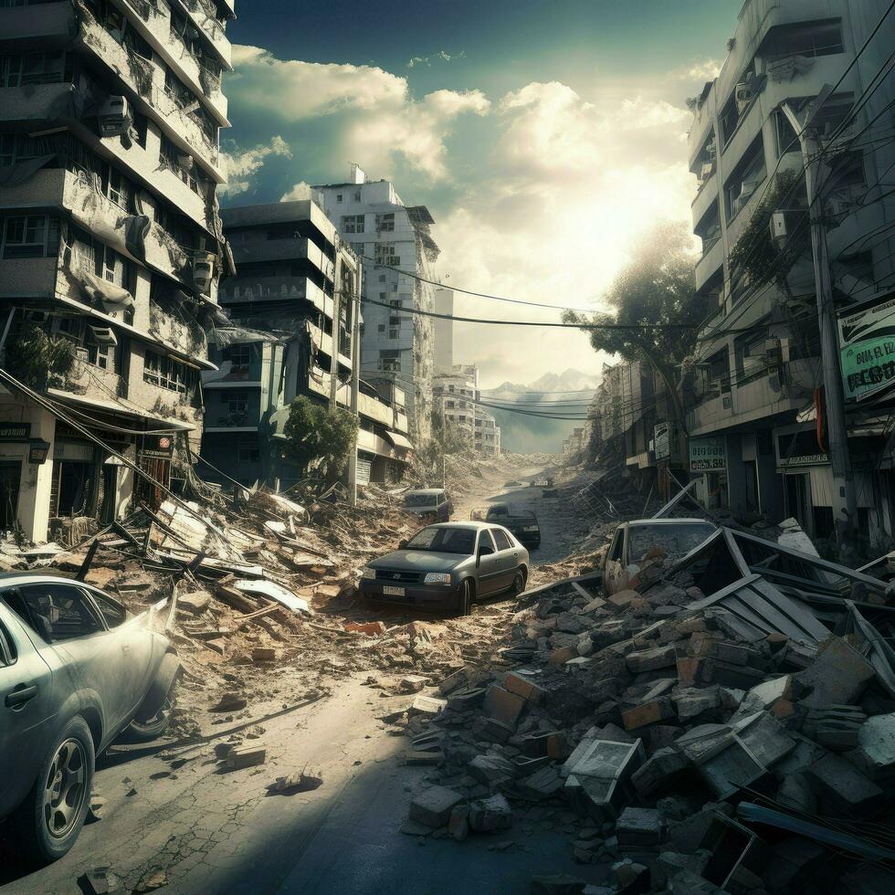 AI generated Destroyed city after earthquake. Dramatic scene of the fuming city and burning, Human suffering for earthquake Ai generated photo