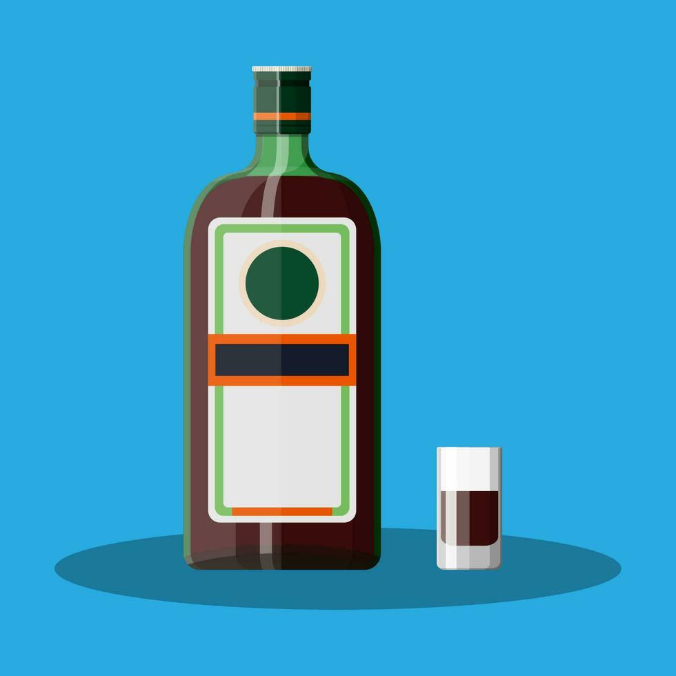 Bottle of grass liquor with shot glass. Grass liquor alcohol drink. Vector illustration in flat style