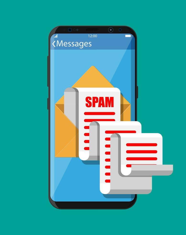 Yellow paper enevelope and spam mail on smartphone screen. Long emails. Email box hacking, spam warning, virus and malware, network security. Vector Illustration in flat style