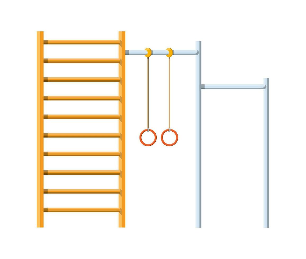 calle rutina de ejercicio lugar. horizontal bar con alpinismo anillos y escalera. deporte, gimnasia, aptitud física, ejercicio, niños patio de recreo elemento. vector ilustración en plano estilo