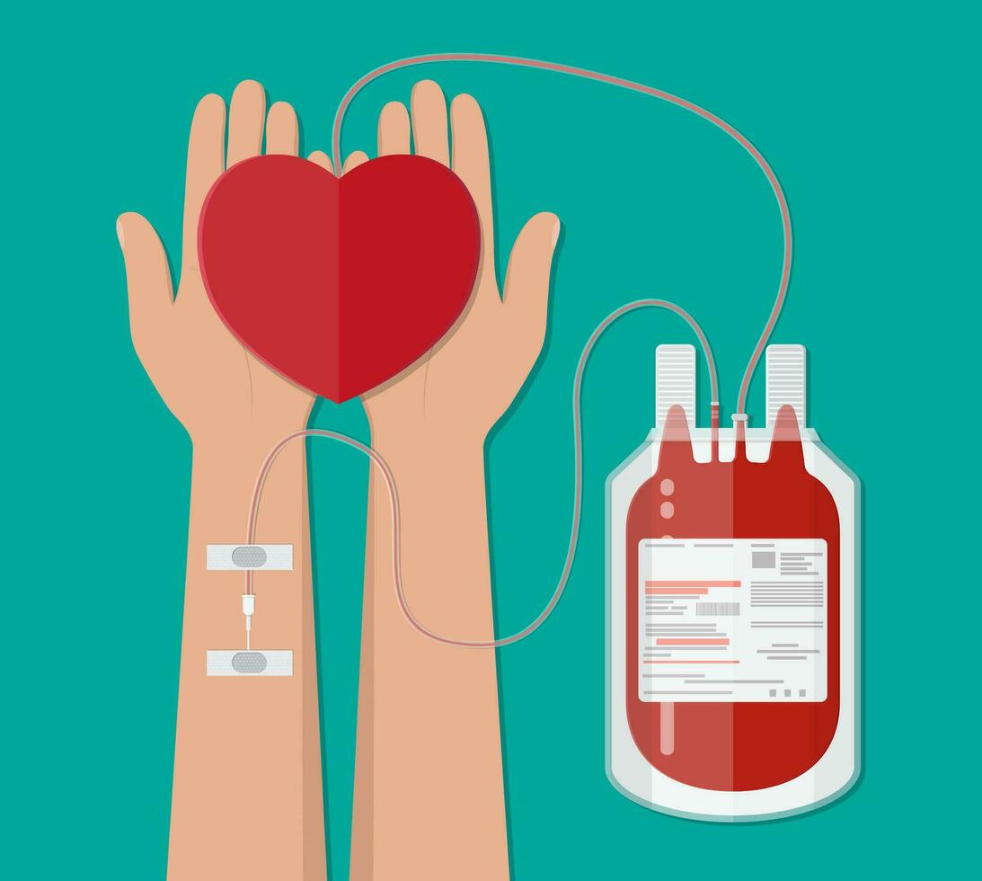 blood bag and hand of donor with heart. Blood donation day concept. Human donates blood. Vector illustration in flat style.