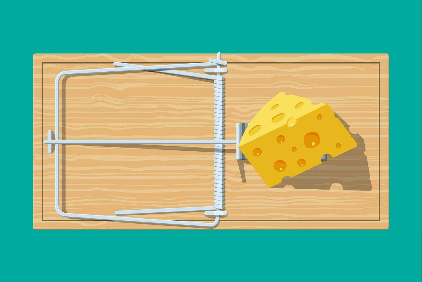 Wooden mouse trap with cheese, classical spring loaded bar trap. Top view. Vector illustration in flat style