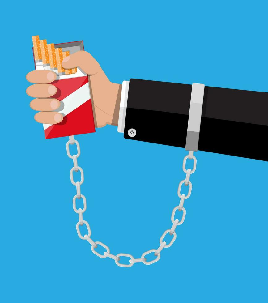 Tobacco abuse concept. Pack of cigarettes chained to hand shackles. No smoking. Rejection, proposal smoke. Vector illustration in flat style.
