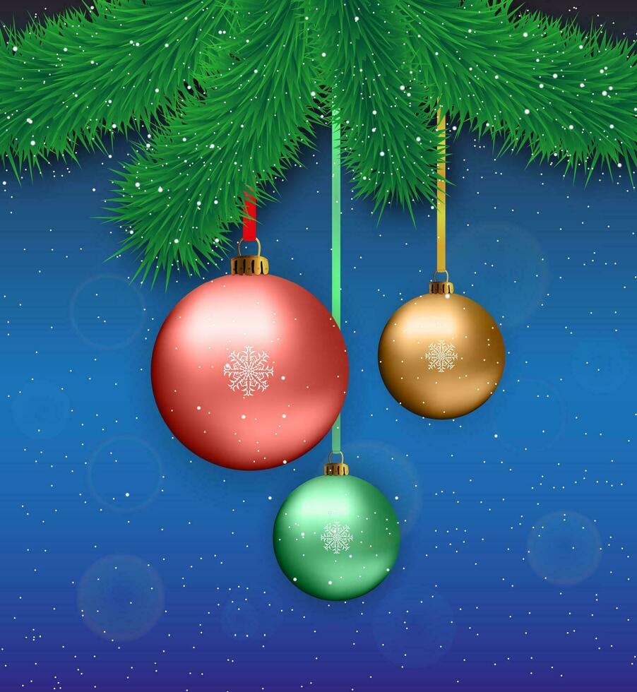 Holiday background card template Christmas branch with hanging balls on a blue background with snow vector