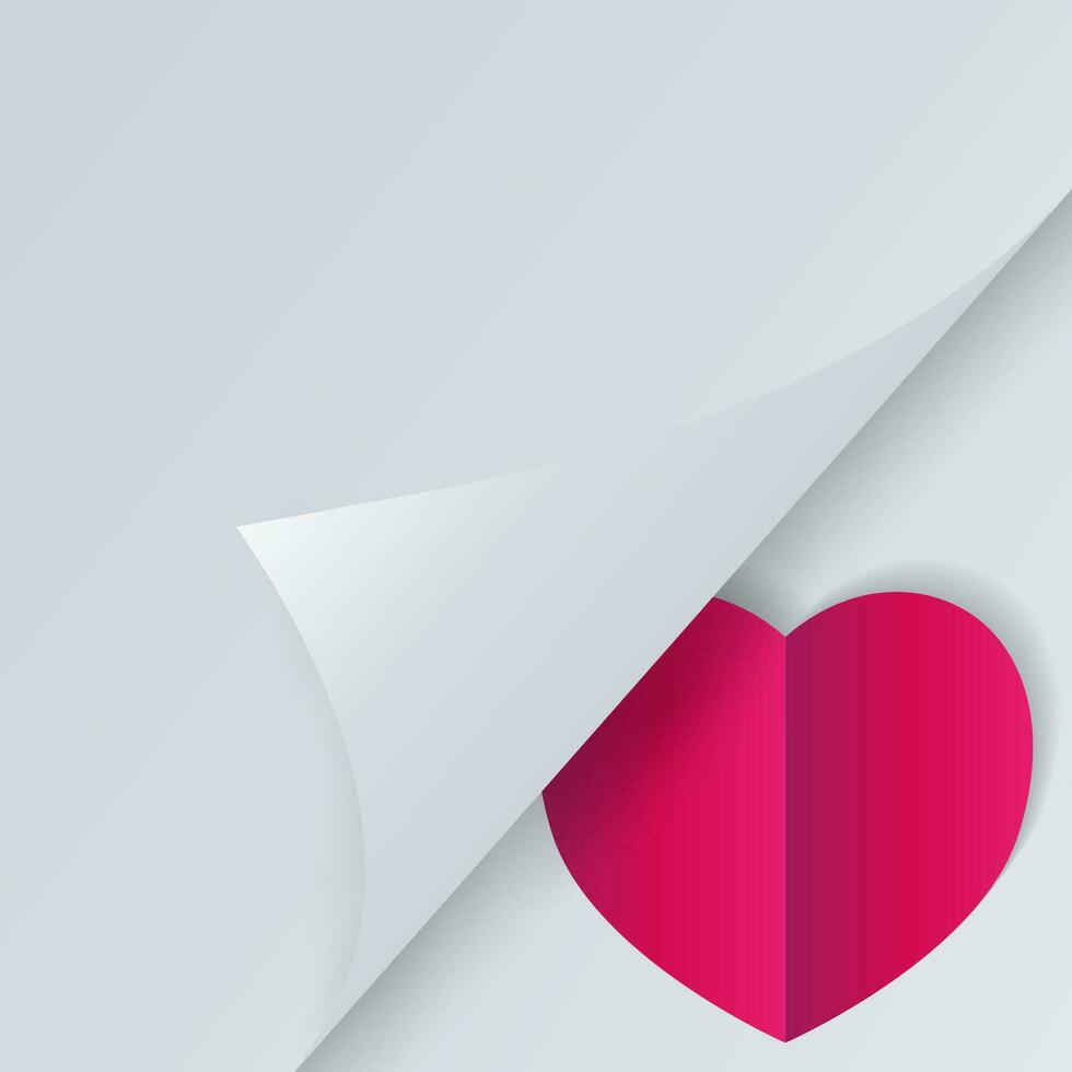 Valentines day background with space for text, big red paper heart with shadow under half opened page. vector illustration on white background, template for greetings wedding card