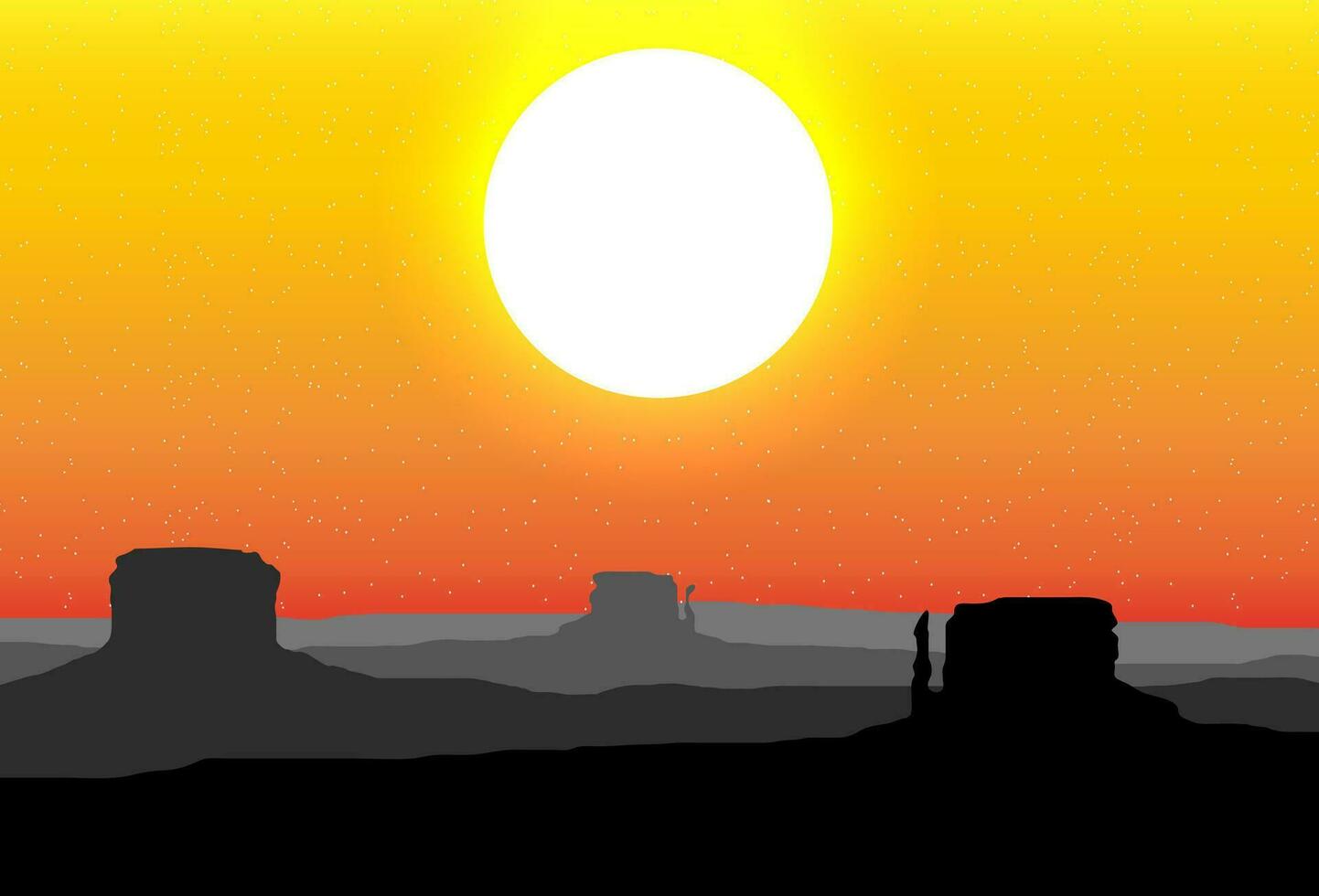 Monument Valley Arizona, Silhouette of the rocks, red sunset sky. vector illustration