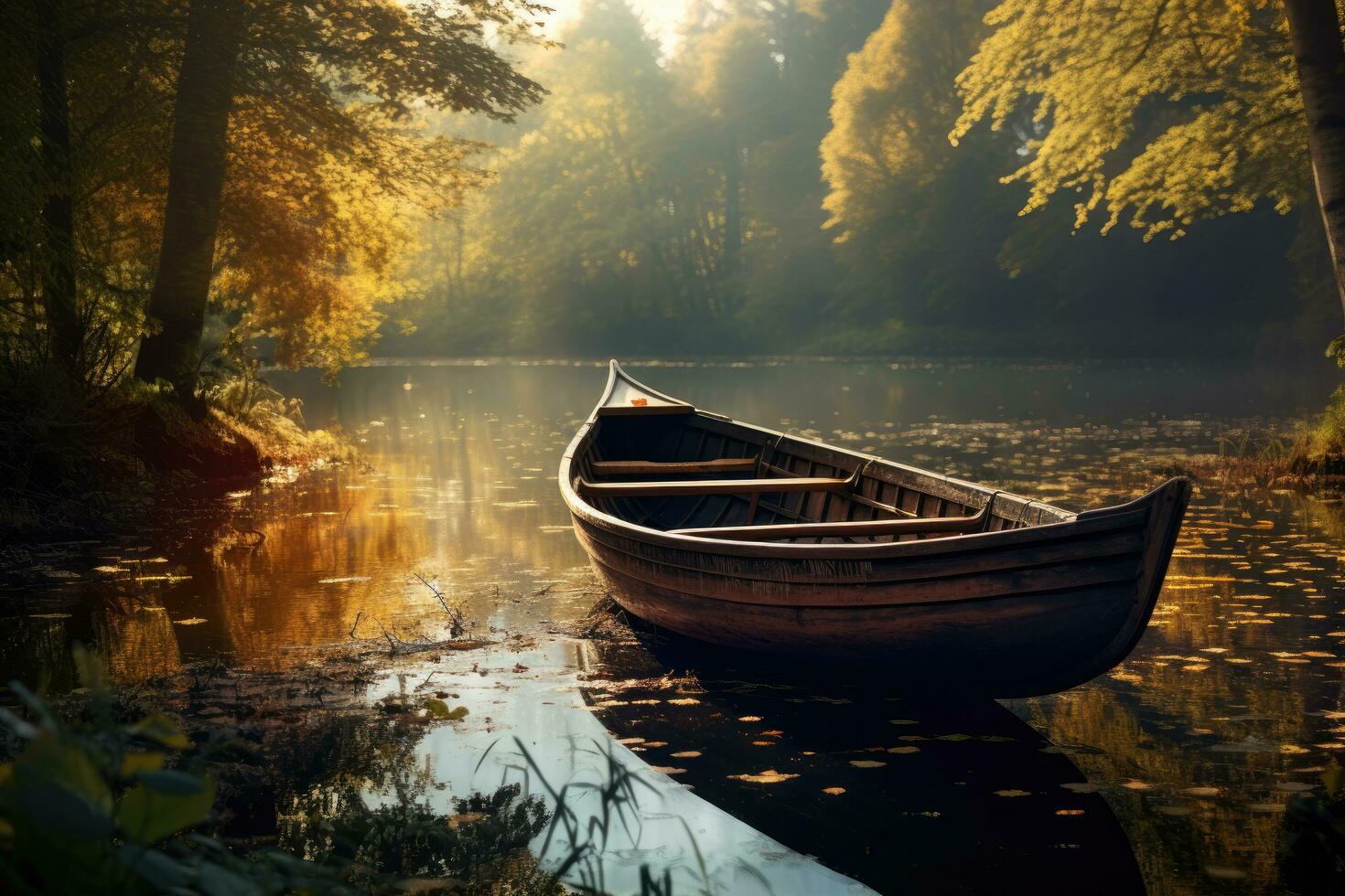 AI generated Wooden boat on a tranquil lake ,canoe on the lake in the autumn forest. Beautiful landscape Ai generated photo