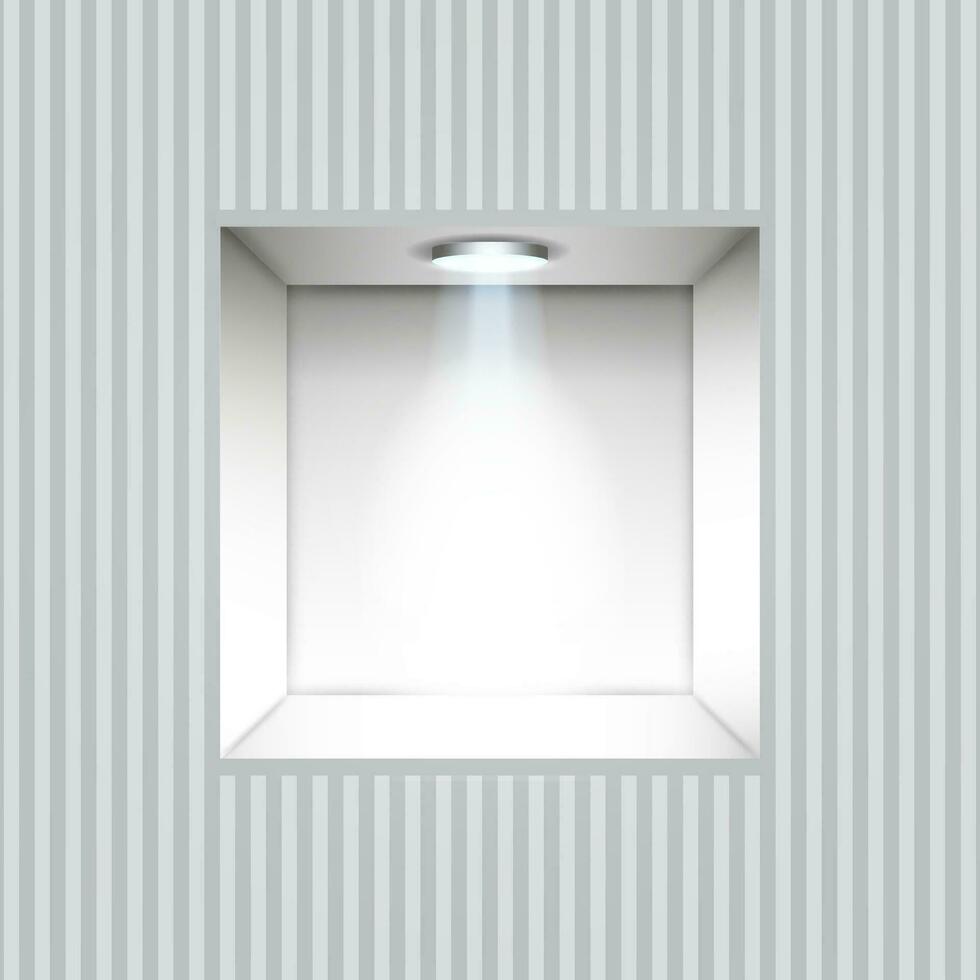 Empty white niche in the wall with lights on striped wall, vector illustration