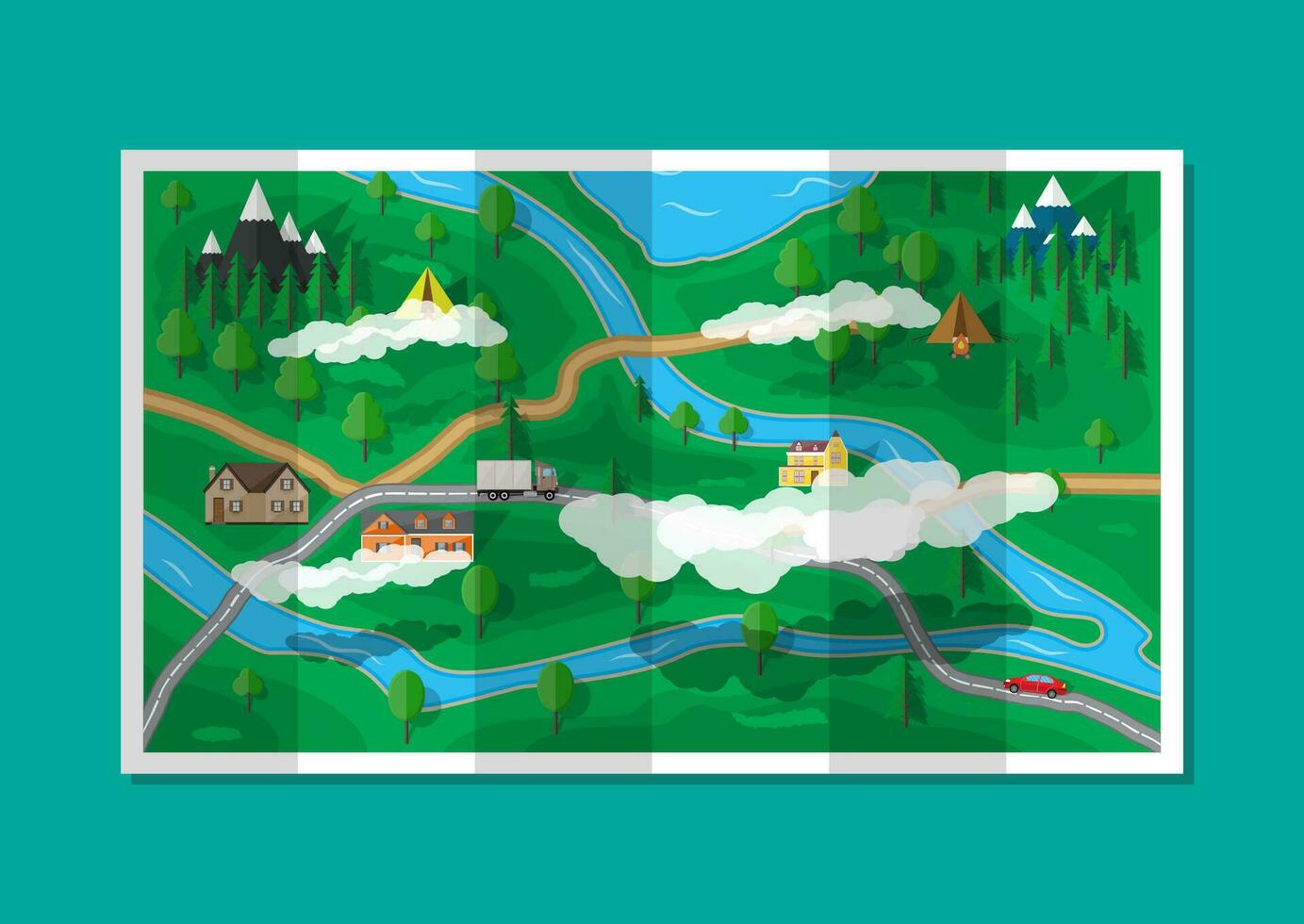 Suburban paper map with houses with car, trees, road, river, mountain, sky and clouds. GPS and navigation. Village. Vector illustration in flat style