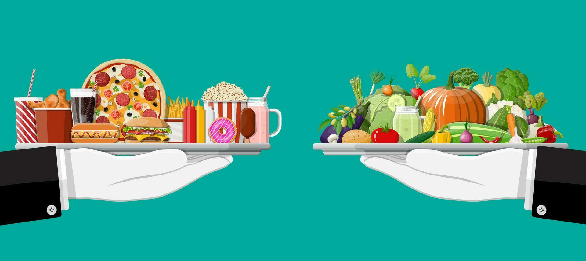 Tray with fast food and organic products. Diet, nutrition, fitness and weight loss or overweight and fat. Greasy cholesterol vs. vitamins from vegetables. Food choice. Flat vector illustration