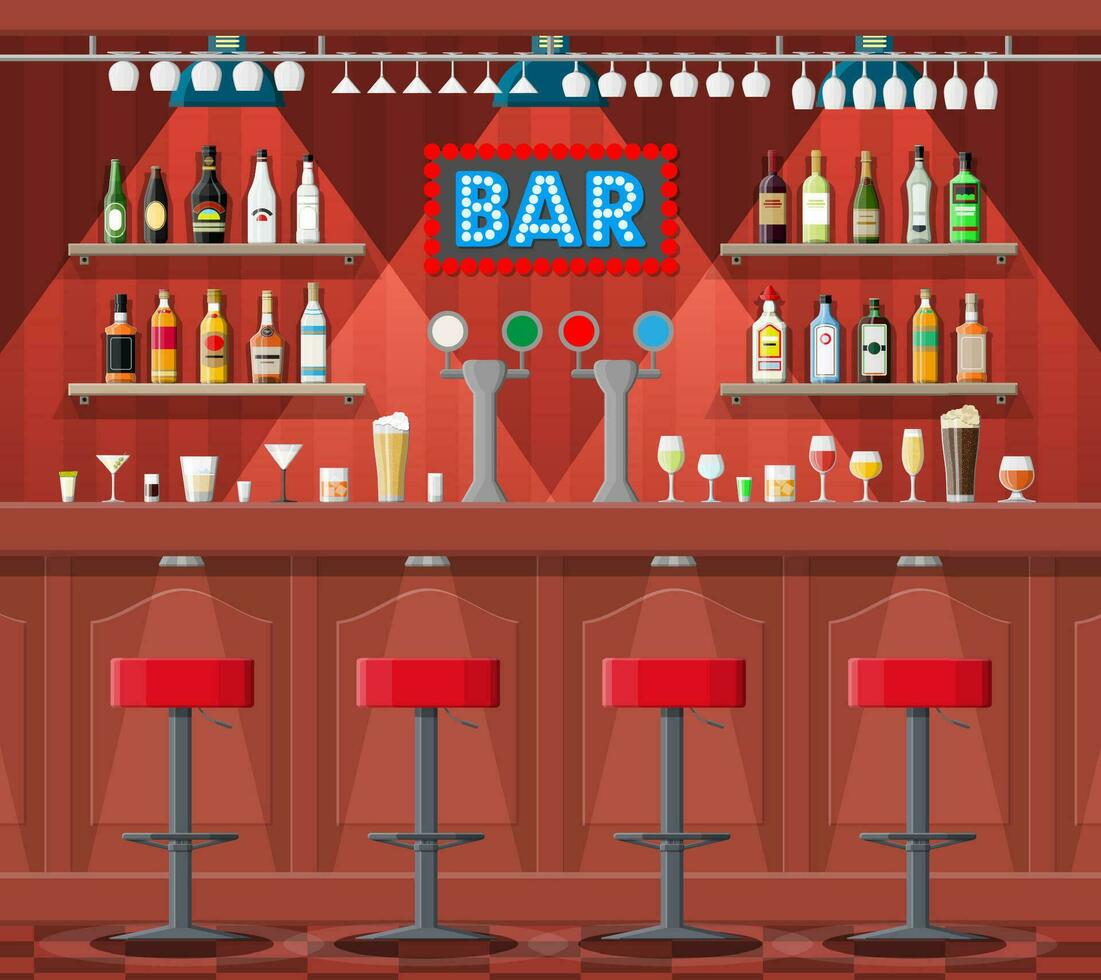 Drinking establishment. Interior of pub, cafe or bar. Bar counter, chairs and shelves with alcohol bottles. Glasses and lamp. Wooden decor. Vector illustration in flat style.