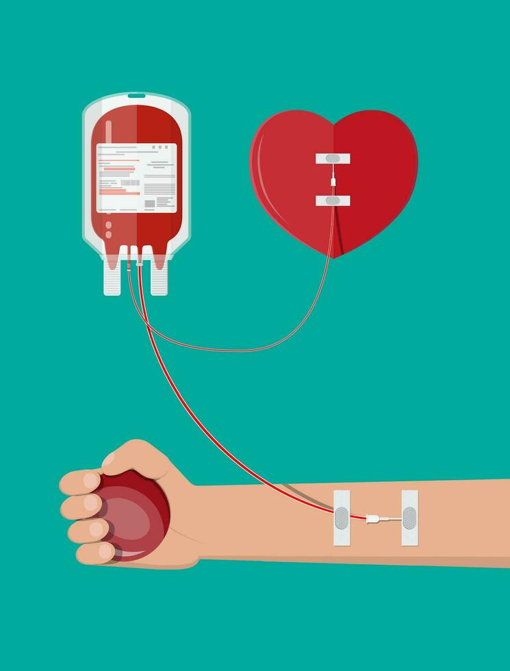 sangre bolsa, corazón y mano de donante con pelota. sangre donación día concepto. humano dona sangre. vector ilustración en plano estilo.