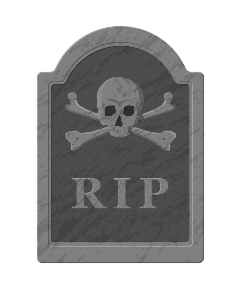 Tombstone with skull and crossed bones. Old gravestone with cracks and R.I.P inscription. Cemetery, death, funeral, grave. Vector illustration in flat style