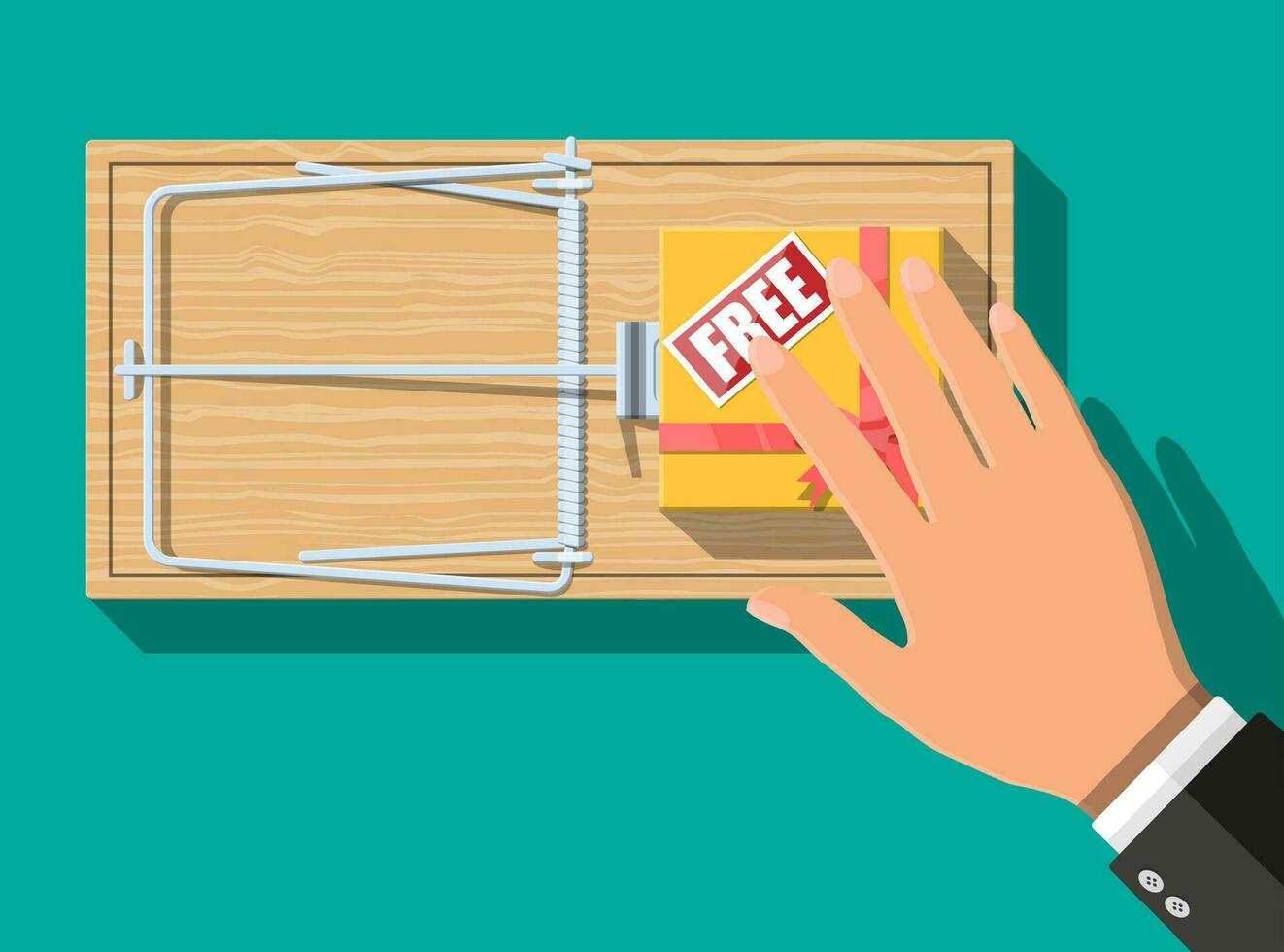 Wooden mouse trap with gift box with free sign, classical spring loaded bar trap. Top view. Fraud, freebie, crime and lie. Vector illustration in flat style