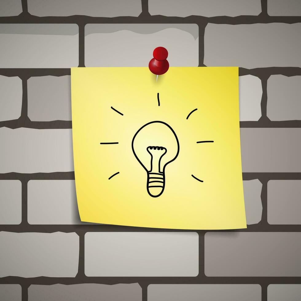 draw bulb on yellow paper note. idea concept. vector illustration on bricks wall