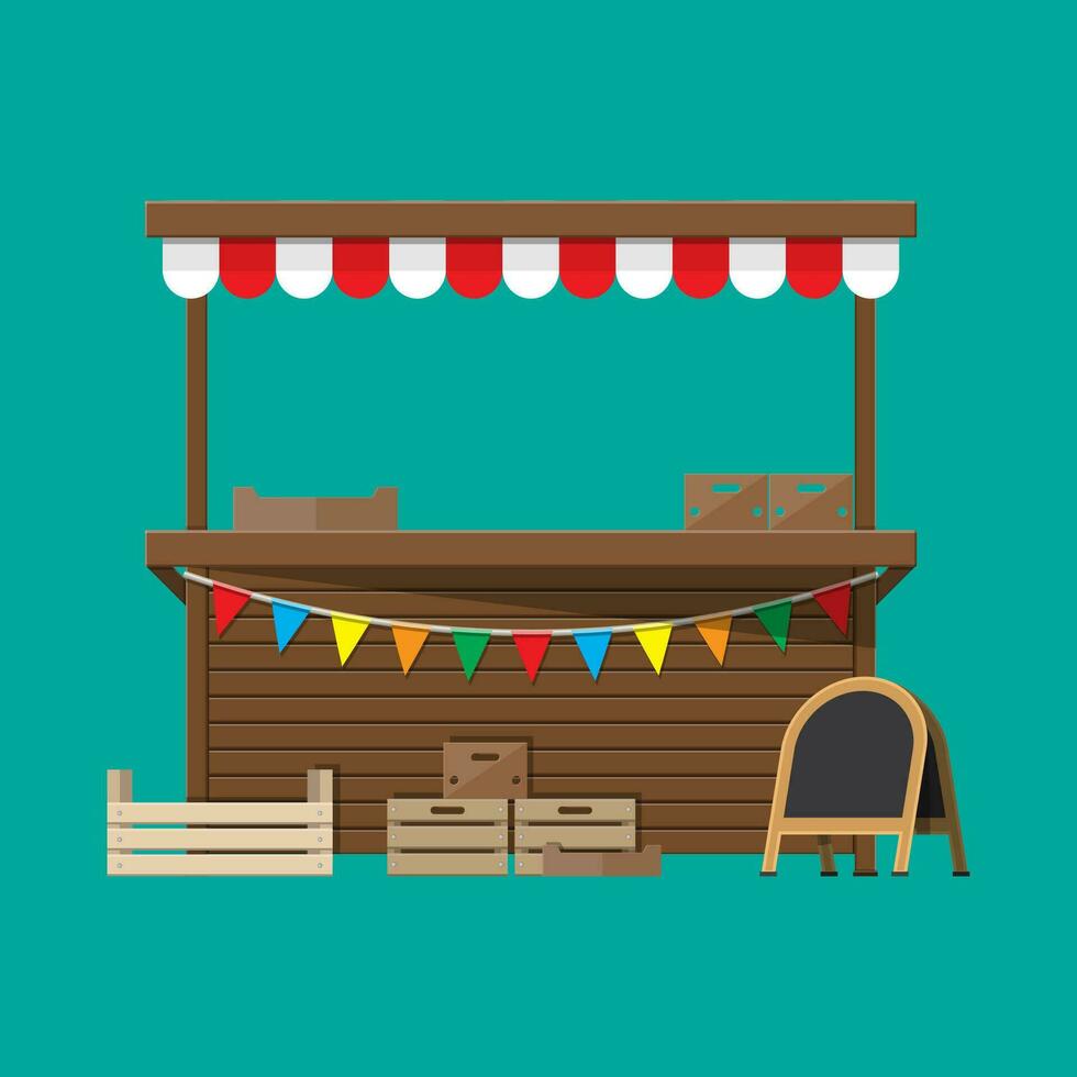 tradicional mercado vacío de madera comida puesto con banderas cajas y tiza tablero. vector ilustración en plano estilo