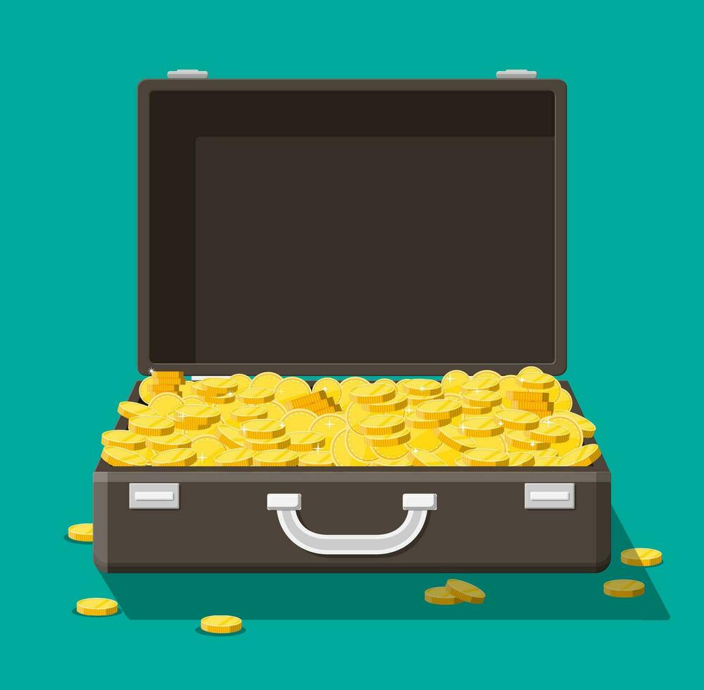 Open leather suitcase full of money. Stacks of gold coins in case. Symbol of wealth. Business success, treasures. Flat style vector illustration.