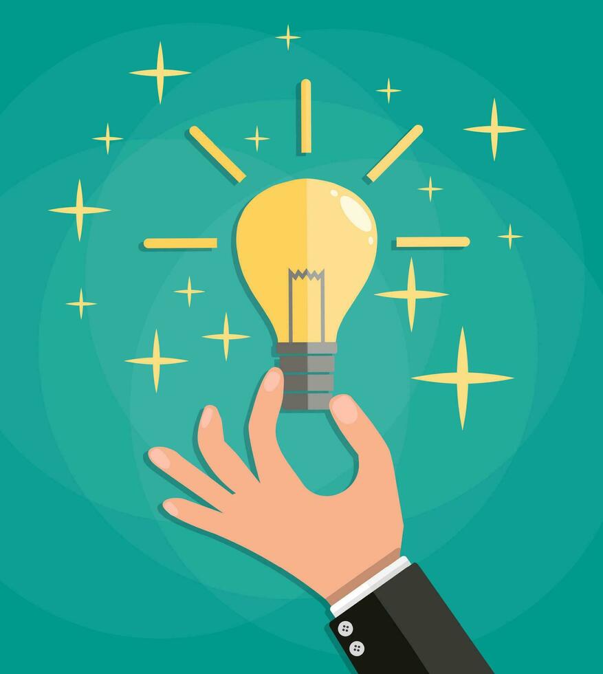 Cartoon businessman Hand holding bulb with sparks. idea concept. vector illustration in flat design on green background