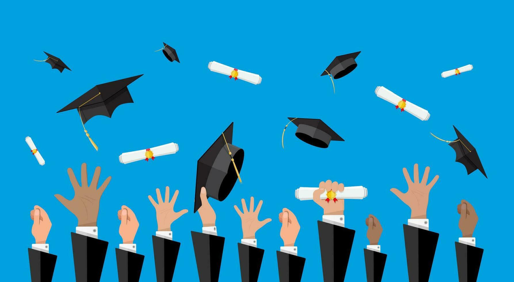 manos de graduados lanzamiento graduación sombreros y diplomas en el aire. concepto de educación. Universidad o Universidad ceremonia. vector ilustración en plano estilo