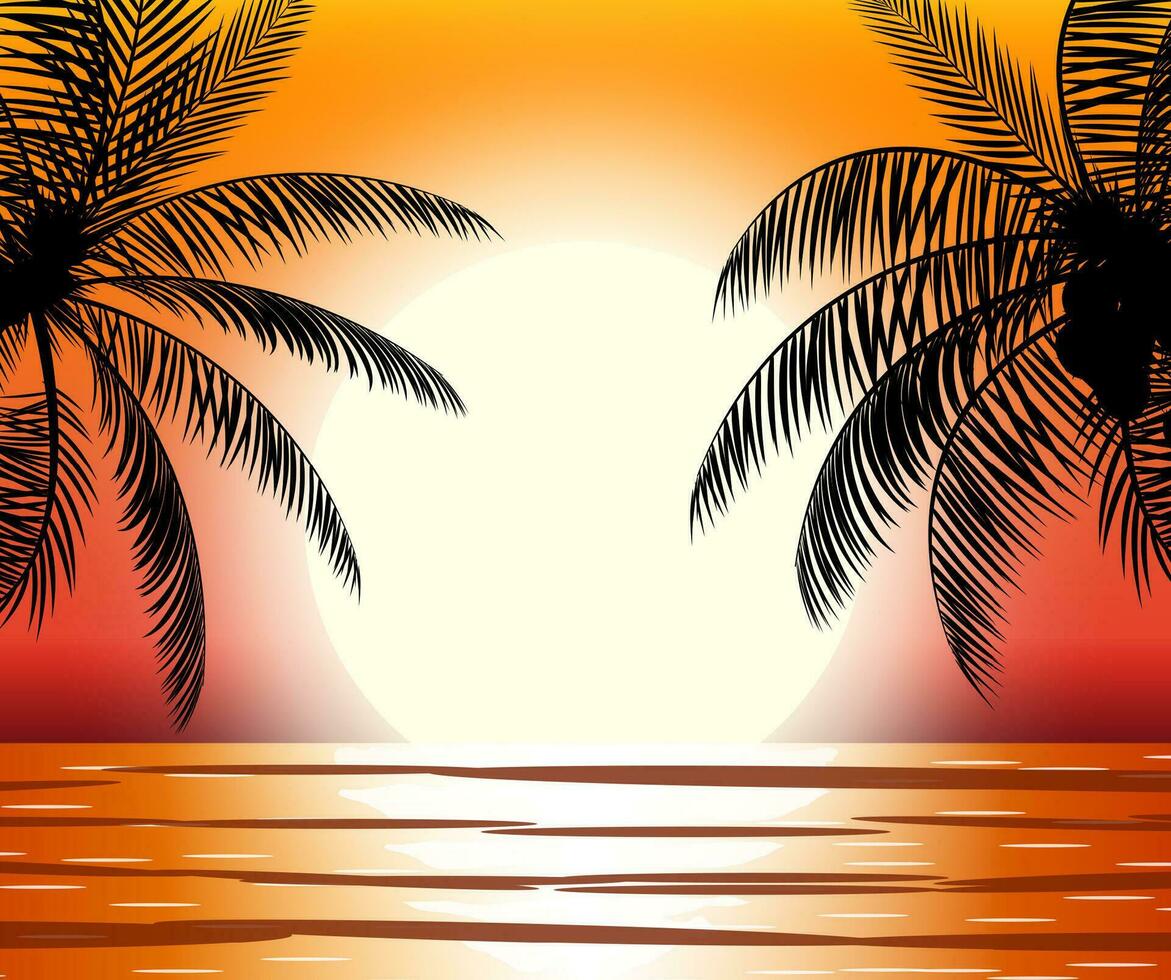 Silhouette of palm tree on beach. Sun with reflection in water. Sunset in tropical place. Vector illustration