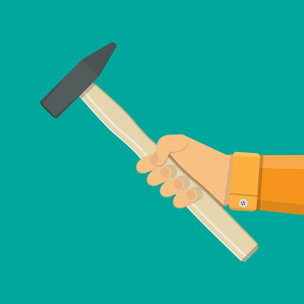 Carpenter hammer in hand. Hammer tool with wooden handle. vector illustration in flat style