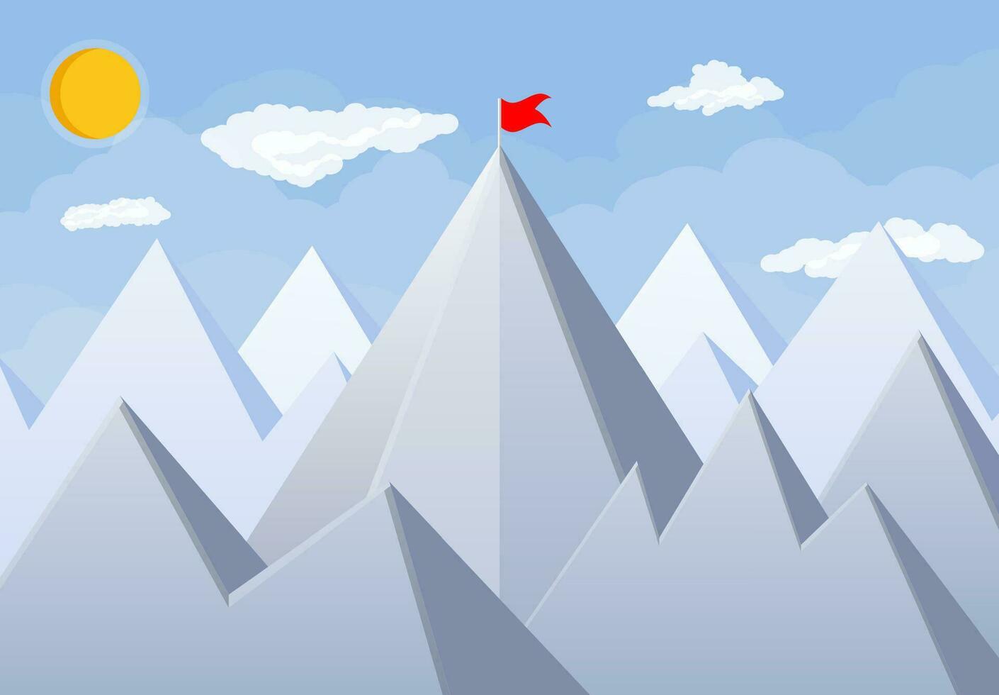 Flag on peak of mountain. Business success, target, triumph, goal or achievement. Winning of competition. Rocky mountains, sky with clouds and sun. Vector illustration in flat style.