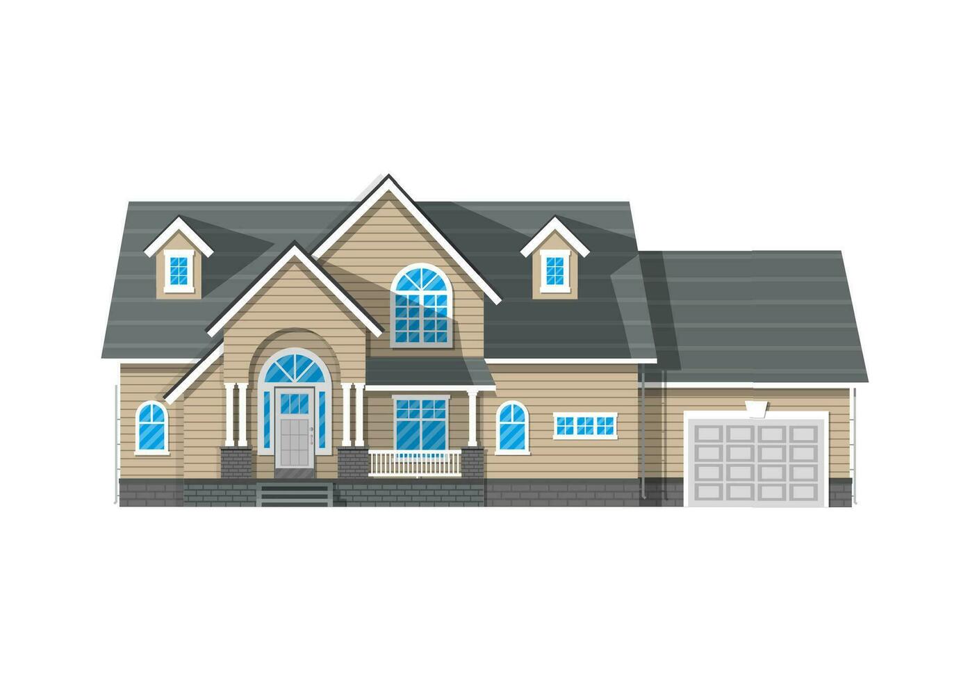 Suburban family house with garage. Countrysdie wooden house icon. Vector illustration in flat style