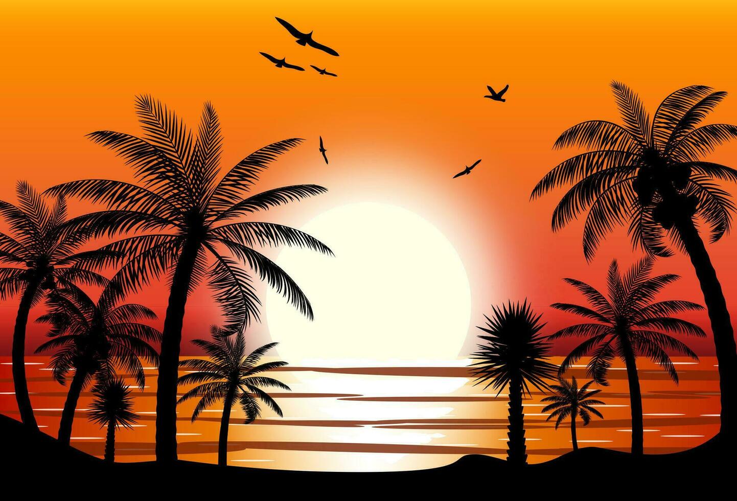 Silhouette of palm tree on beach. Sun with reflection in water and seagulls. Sunset in tropical place. Vector illustration