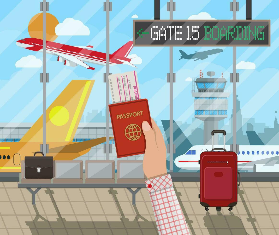 Man with passport and boarding pass waiting flight inside of airport with a plane, control tower, cityscape in background. Travel, vacation, Business trip concept. Vector illustration in flat design.