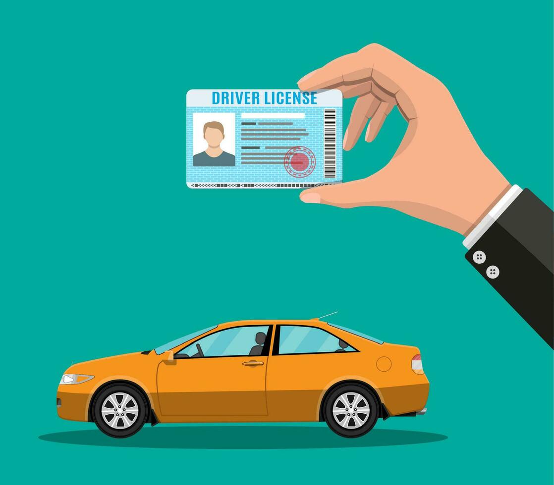 Car driver license identification card in hand with photo. Orange sedan car. Driver license vehicle identity document. Stamp, barcode, plastic id card. Vector illustration in flat style