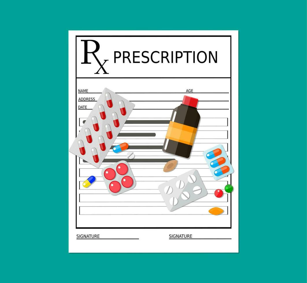 Rx prescription blank with pills and drugs. Healthcare, hospital and medical diagnostics concept. Vector illustration in flat style