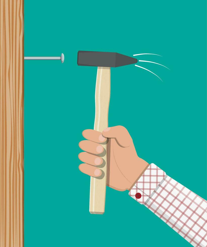 Man hammering nail with hammer into wall. Construction and repair. Repairman or serviceman with working tools. Vector illustration in flat style