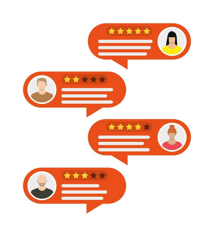 Rating app. Bubble speeches and avatars. Reviews five stars rating with good and bad rate and text. Testimonials, rating, feedback, review. Vector illustrayion in flat style