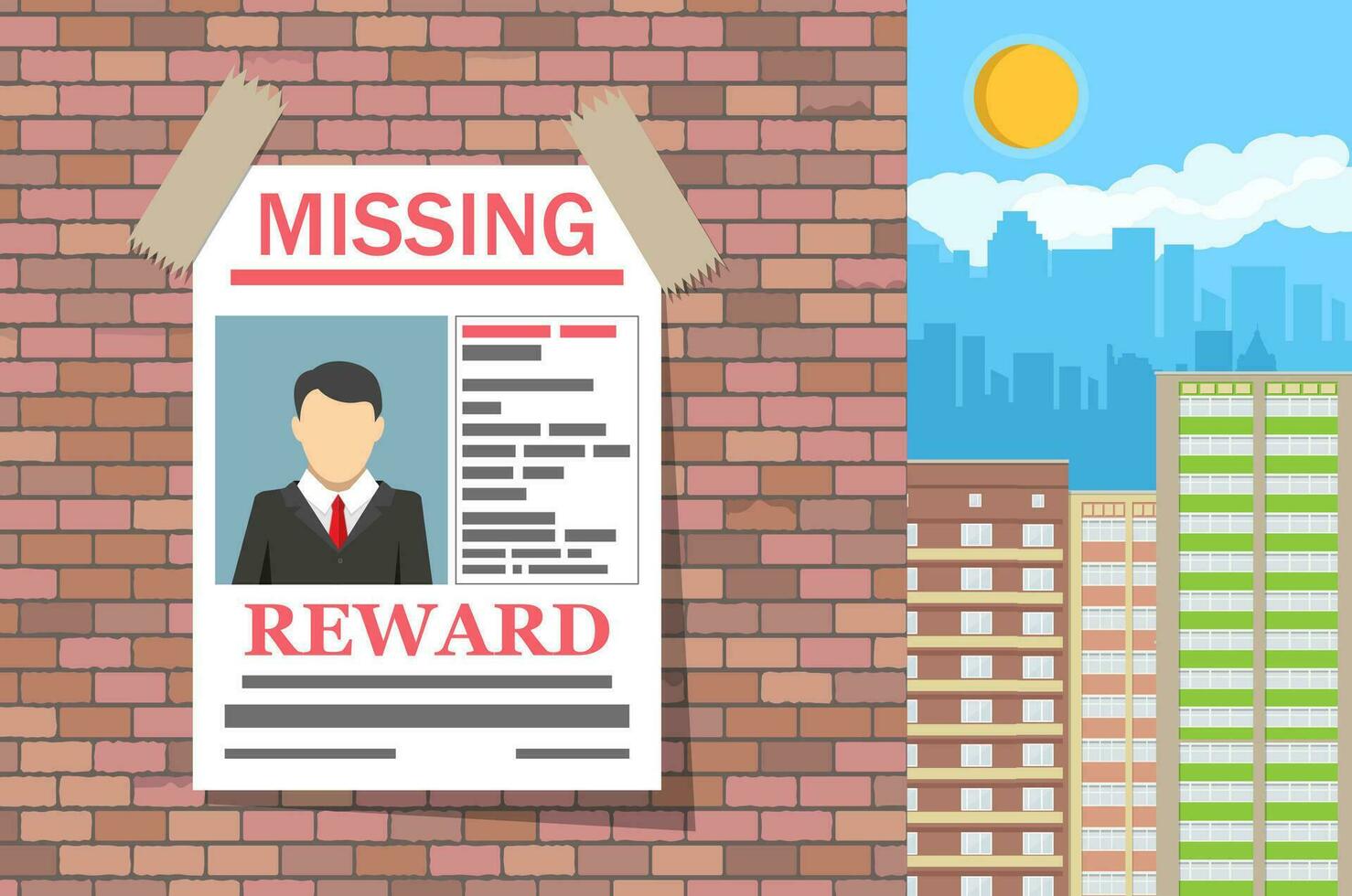 Wanted man paper poster. Missing announce on brick wall. Search for lost person in big city. Cityscape, sky with clouds. Vector illustration in flat style