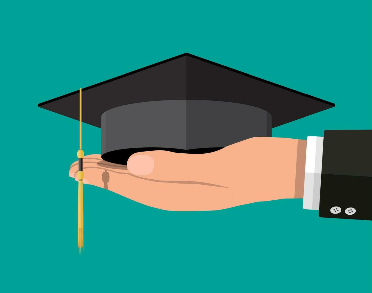 académico graduación gorra en mano. estudiante sombrero. educación y graduación concepto. vector ilustración en plano estilo