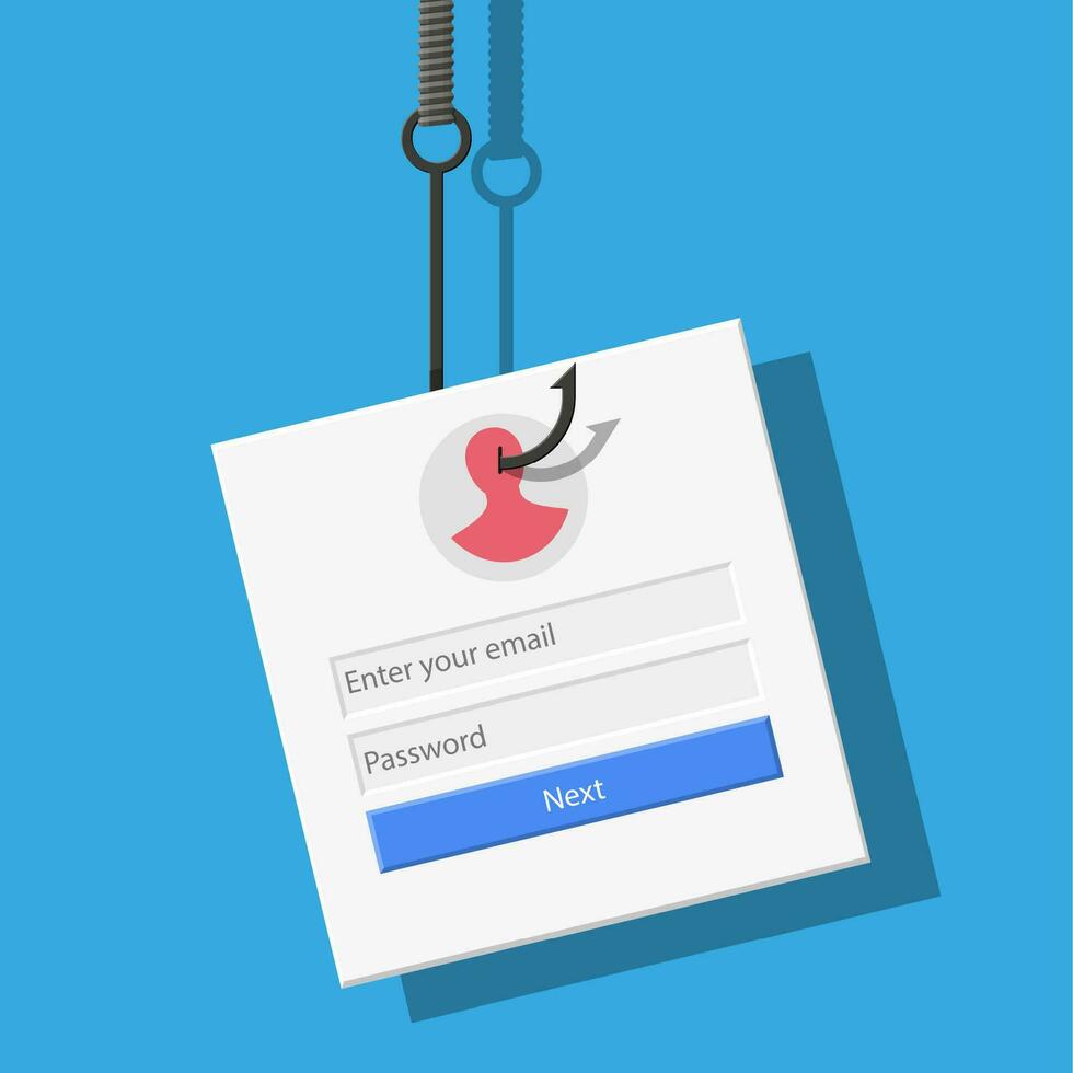 Login into account and fishing hook. Internet phishing, hacked login and password. Computer netwrok and internet security concept. Anti virus, spyware, malware. Vector illustration in flat style