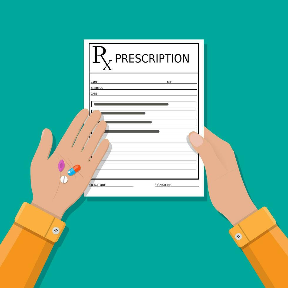 hands holds a prescription rx form and pills. taking pills, Healthcare, hospital and medical diagnostics. vector illustration in flat style