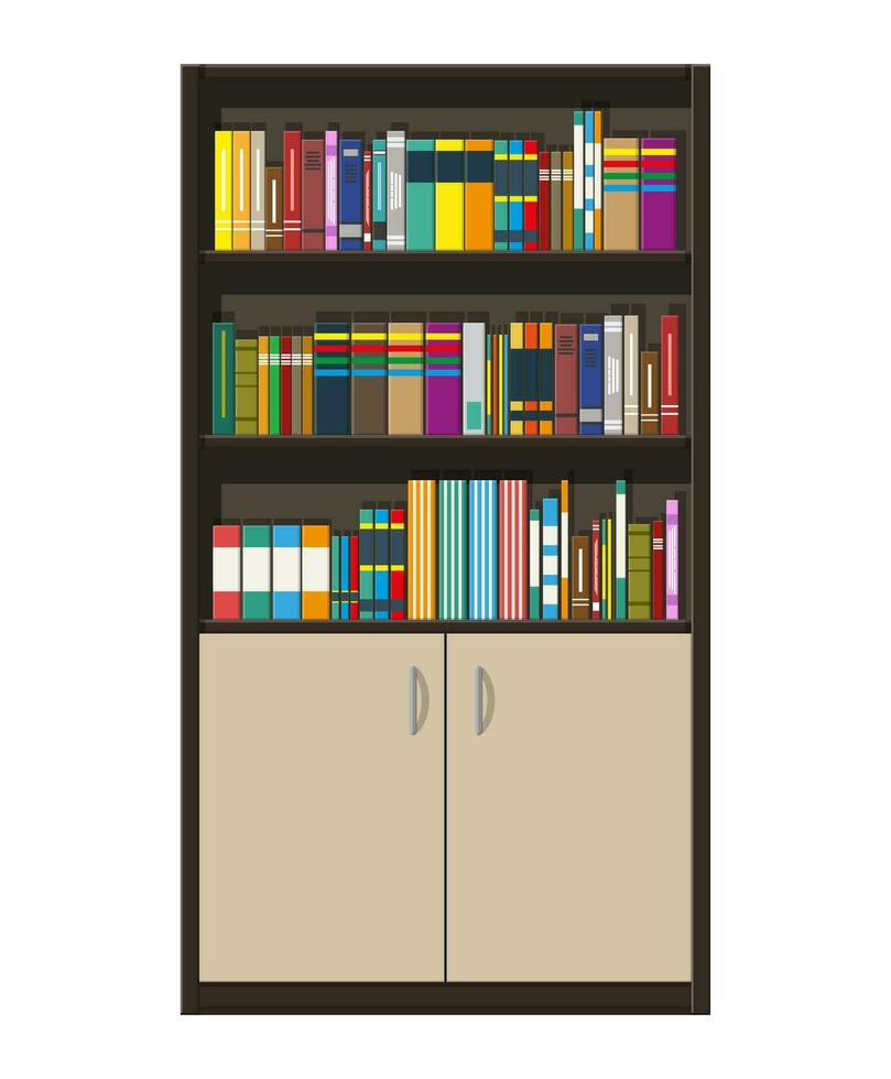 Library wooden book shelf. Bookcase with different books. Room furniture, cabinet with doors. Vector illustration in flat style