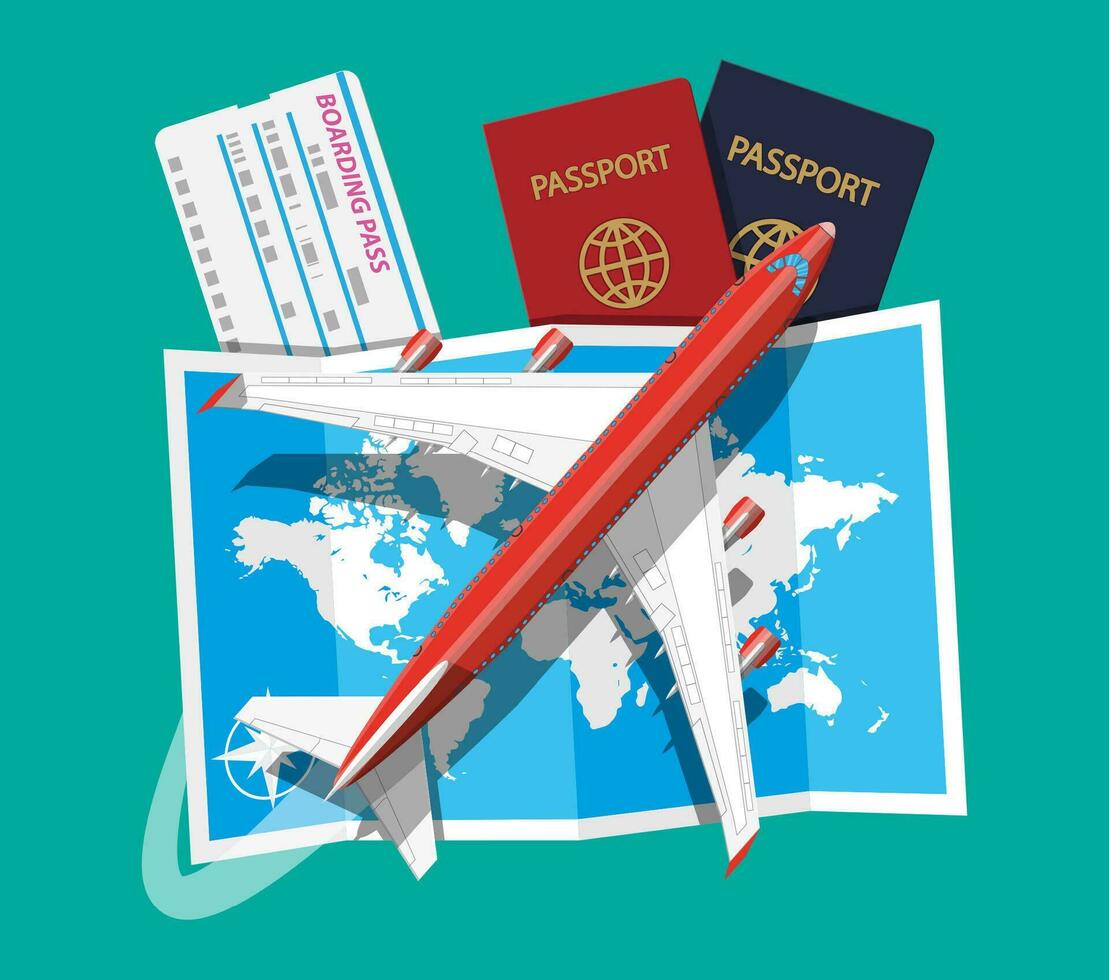 Airplane top view. Passenger or commercial jet, boarding pass and passport. Paper world map. Cartography and geography. Aircrfat lat style. Journey or vacation, business trip. Vector illustration