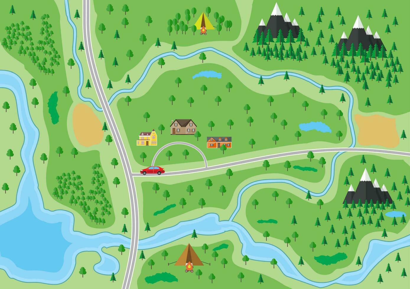 suburbano mapa con casas con auto, árboles, camino, río, montaña y acampar. aldea. vector ilustración en plano estilo