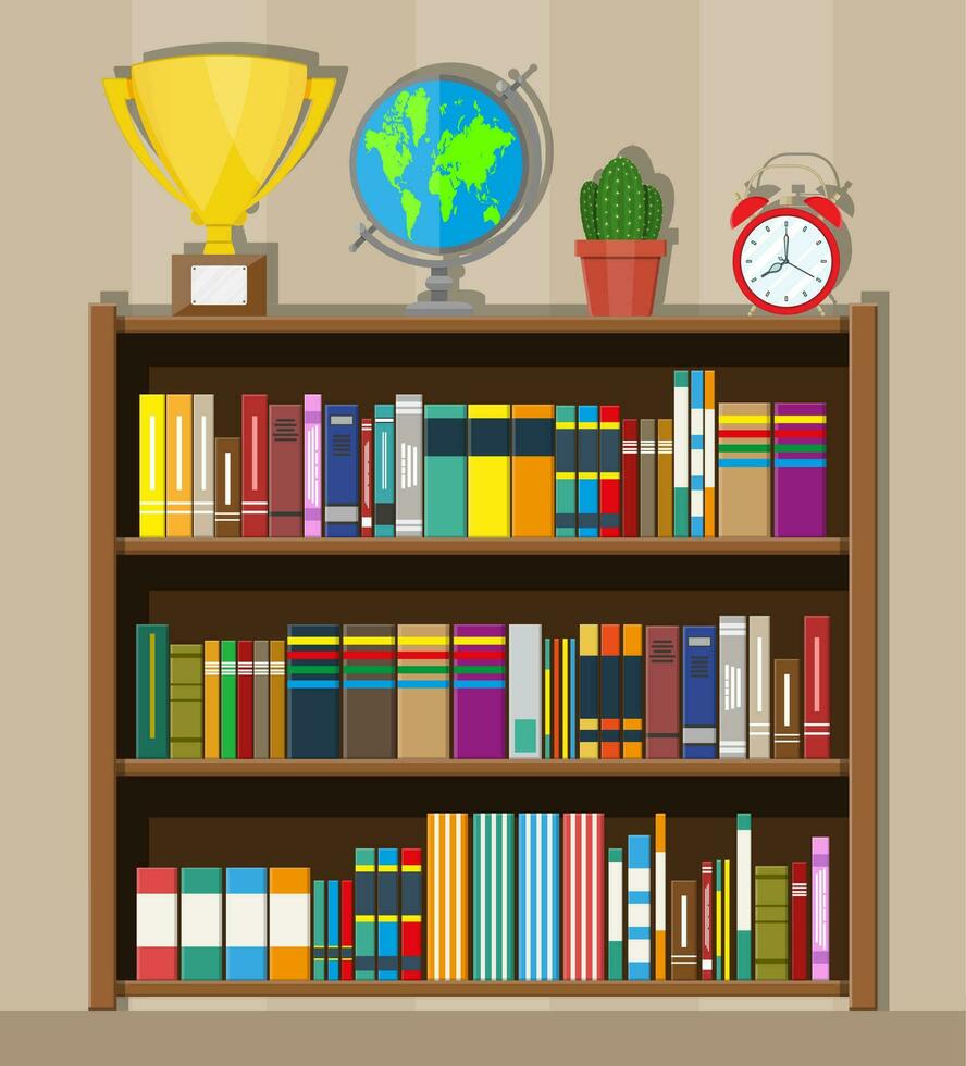 Library wooden book shelf. Globe, clocks, cactus, cup. Bookcase with different books. Vector illustration in flat style