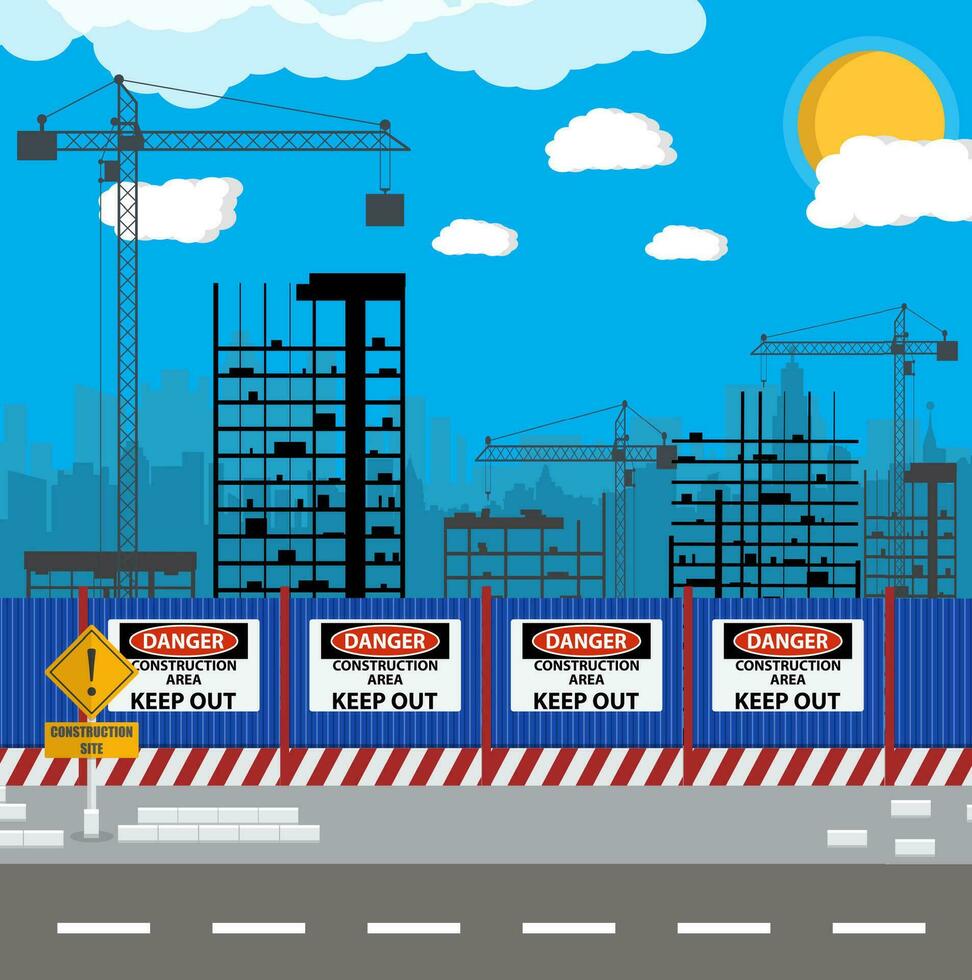 Construction site with buildings and cranes. skyscraper under construction. fence. vector illustration silhouette and blue sky