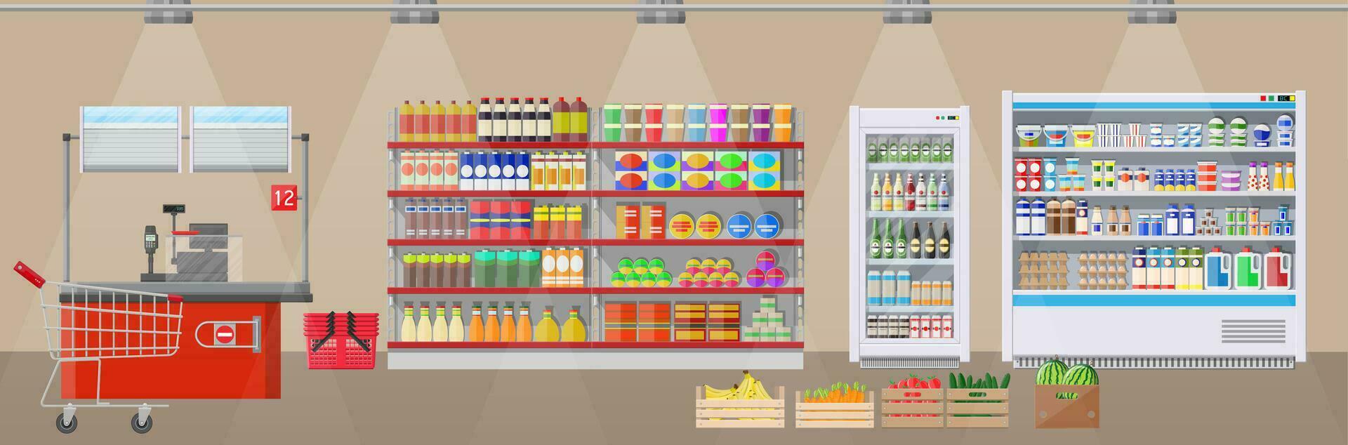 Supermarket store interior with goods. Big shopping mall. Interior store inside. Checkout counter, grocery, drinks, food, fruits, dairy products. Vector illustration in flat style