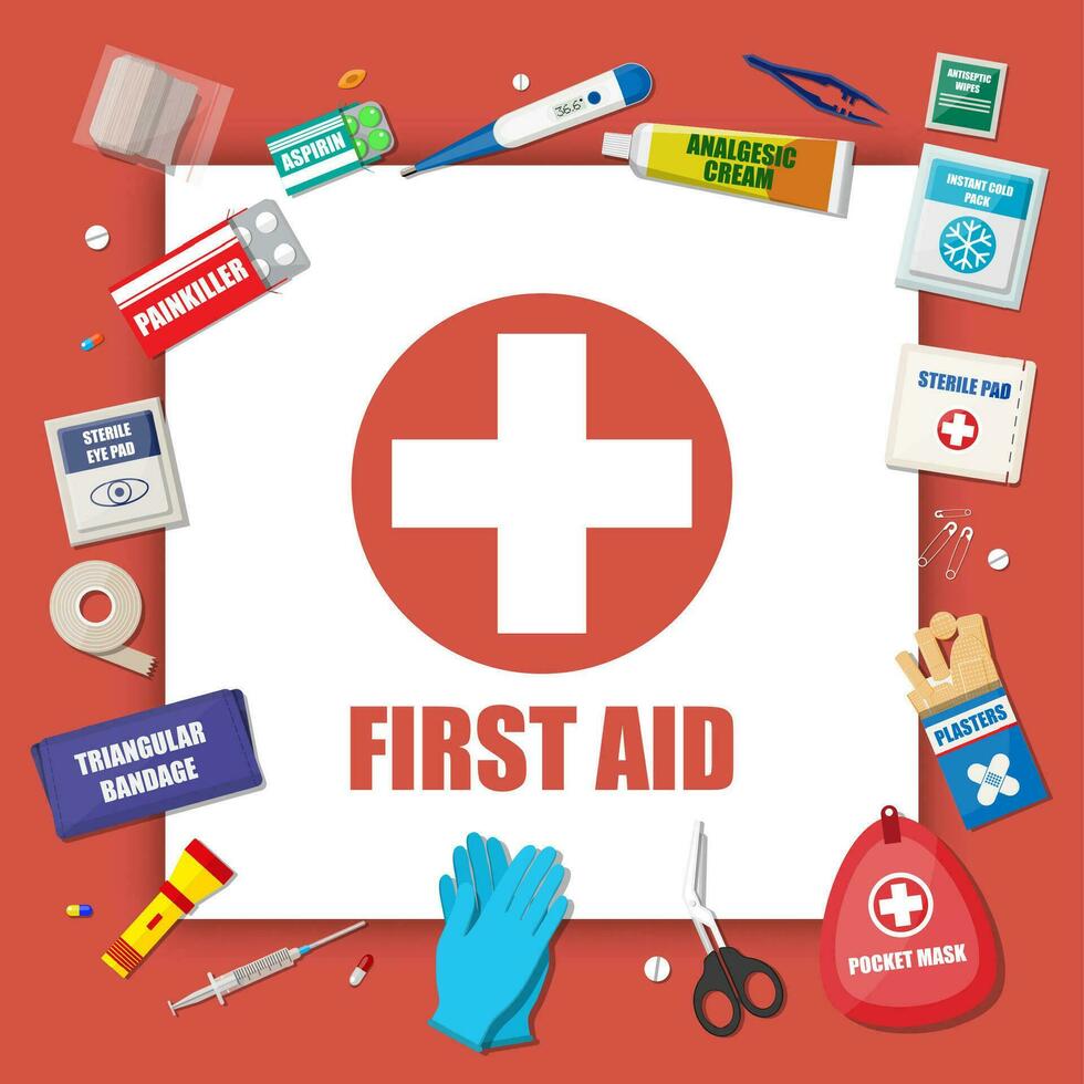 First aid kit with medical equipment and medications. Healthcare, hospital and medical diagnostics. Urgency and emergency services. Vector illustration in flat style