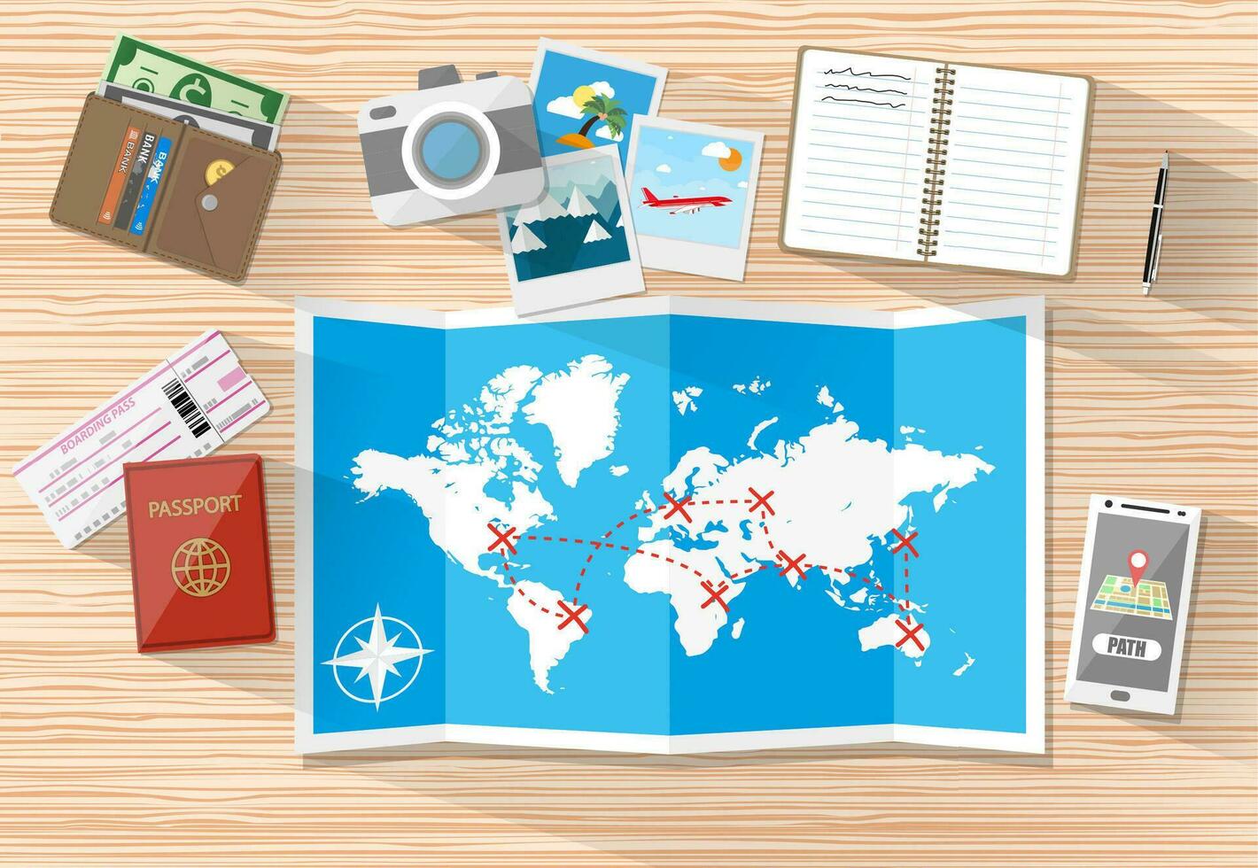 Wooden table with paper map of world and tourist equipment. passport, airplane ticket, notebook, smartphone with navigation application, photo camera photos, wallet. vector illustration in flat design