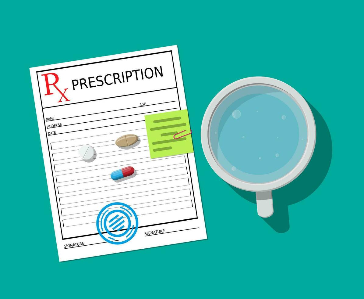 Rx prescription recipe, glass of water and pills. Taking medication concept. Medical drug, vitamin, antibiotic. Healthcare and pharmacy. Vector illustration in flat style